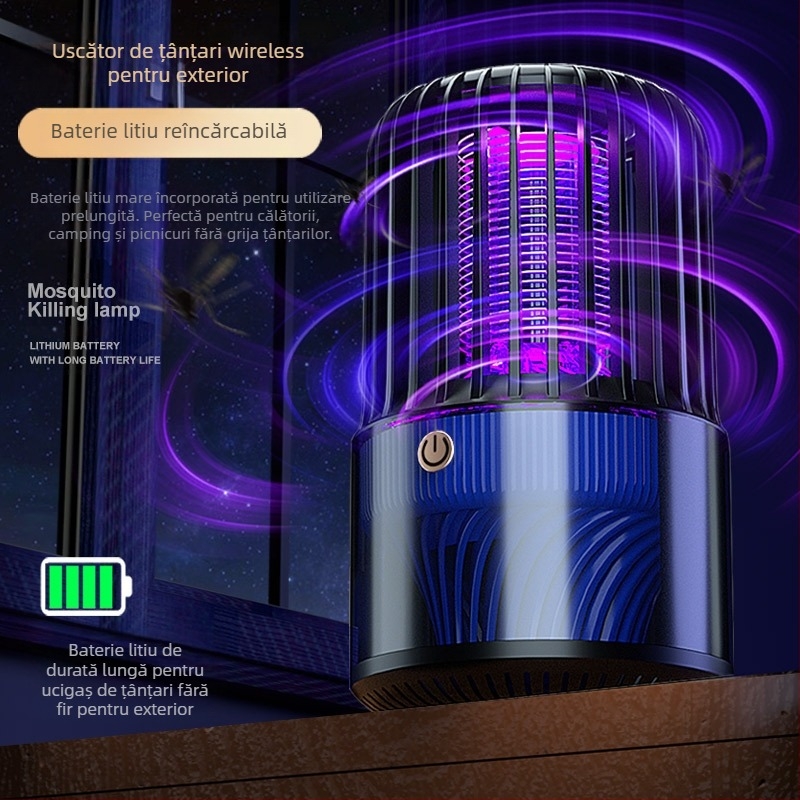 Ucigaș electric pentru țânțari, USB reîncărcabil, lampă UV, acoperire 41-60 m², baterie 1000-1600 mAh, autonomie 1-3 ore, carcasă ABS