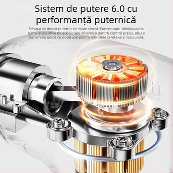 Pistol USB de masaj fascia – relaxare musculară, 4 capete, motor cu perii, 3 viteze, zgomot sub 36 dB, autonomie 3–6 h