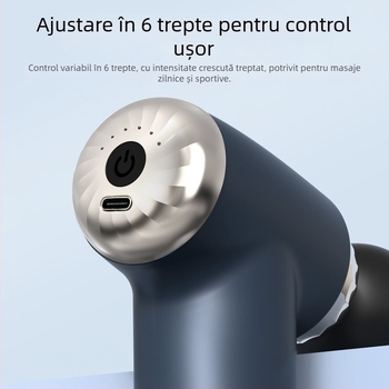 Pistol USB de masaj fascia – relaxare musculară, 4 capete, motor cu perii, 3 viteze, zgomot sub 36 dB, autonomie 3–6 h
