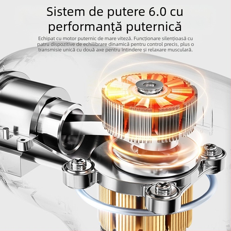 Pistol USB de masaj fascia – relaxare musculară, 4 capete, motor cu perii, 3 viteze, zgomot sub 36 dB, autonomie 3–6 h