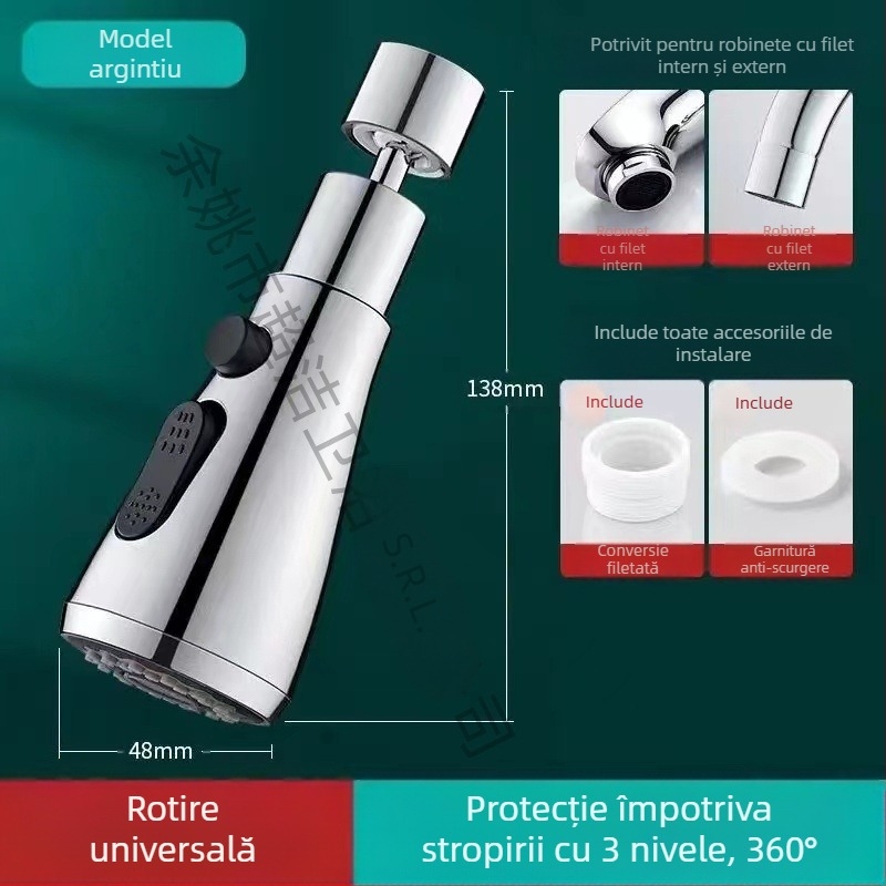 CJ-76 Cap de bucătărie anti-stropire cu extensie universală, montaj în spirală, tip nucleu de ventila ax-rolă, finisaj electroplacat