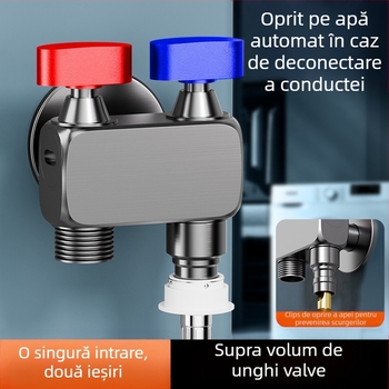 Robinet unghiular pentru mașina de spălat, debit mare, 1 intrare / 2 ieșiri, cupru, montaj în perete, oprire apă