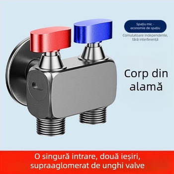 Robinet unghiular pentru mașina de spălat, debit mare, 1 intrare / 2 ieșiri, cupru, montaj în perete, oprire apă