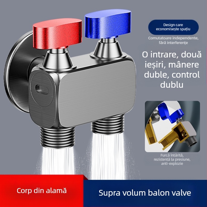 Robinet unghiular pentru mașina de spălat, debit mare, 1 intrare / 2 ieșiri, cupru, montaj în perete, oprire apă