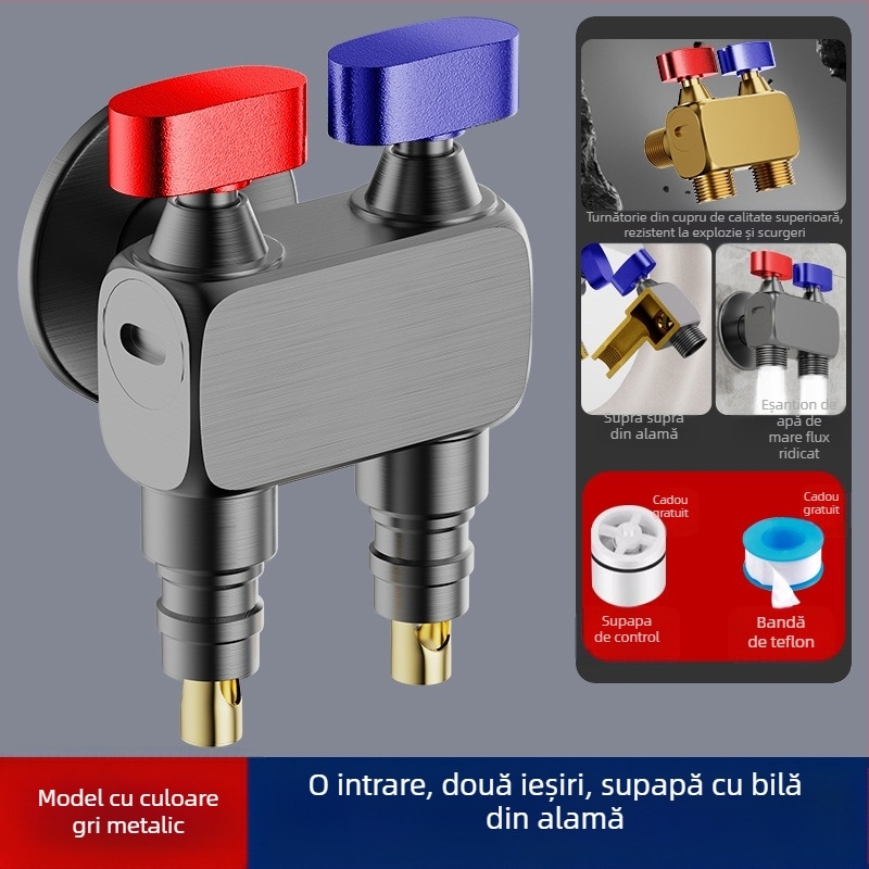 Robinet unghiular pentru mașina de spălat, debit mare, 1 intrare / 2 ieșiri, cupru, montaj în perete, oprire apă