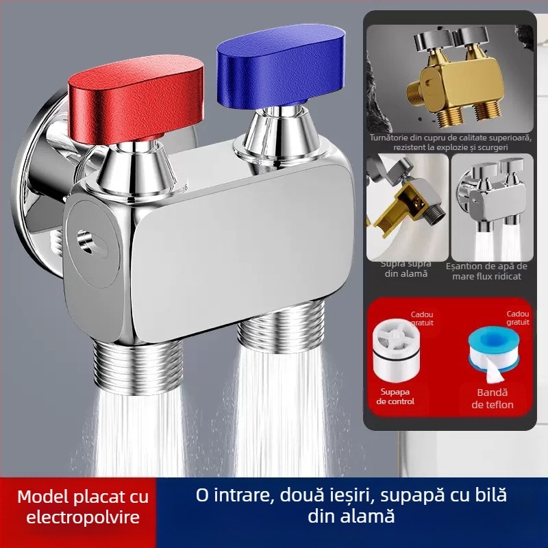 Robinet unghiular pentru mașina de spălat, debit mare, 1 intrare / 2 ieșiri, cupru, montaj în perete, oprire apă