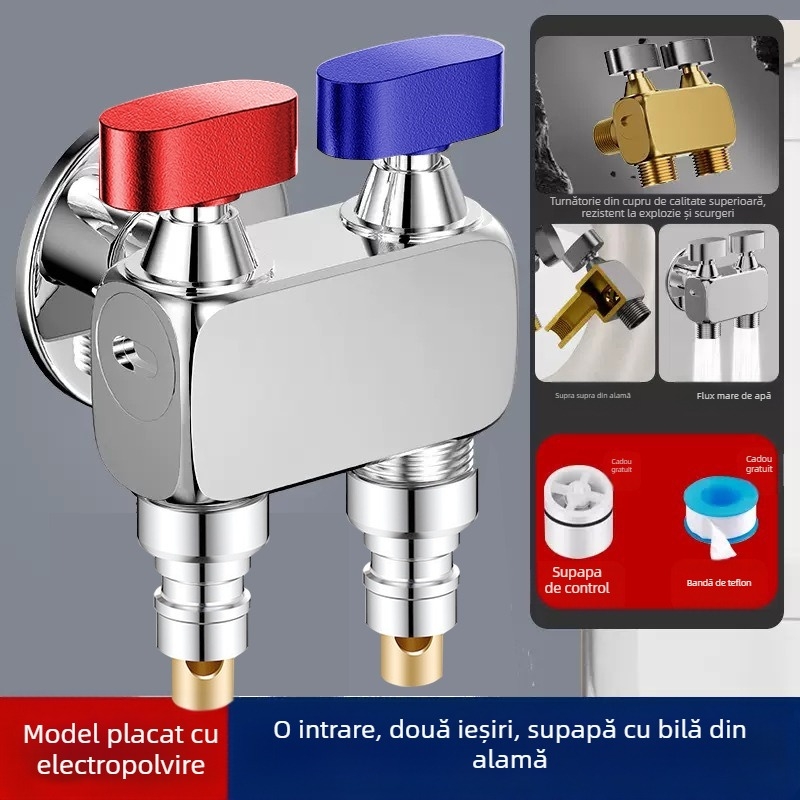 Robinet unghiular pentru mașina de spălat, debit mare, 1 intrare / 2 ieșiri, cupru, montaj în perete, oprire apă