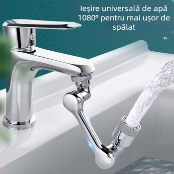 Robinet universal pentru chiuvetă cu braț mecanic și duză extensibilă rotativă, cartuș ceramic, cupru, montaj filet, design modern