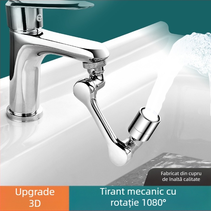 Robinet universal pentru chiuvetă cu braț mecanic și duză extensibilă rotativă, cartuș ceramic, cupru, montaj filet, design modern