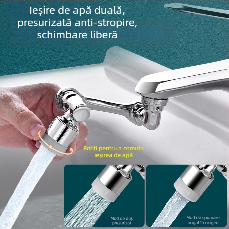 Robinet universal pentru chiuvetă cu braț mecanic și duză extensibilă rotativă, cartuș ceramic, cupru, montaj filet, design modern