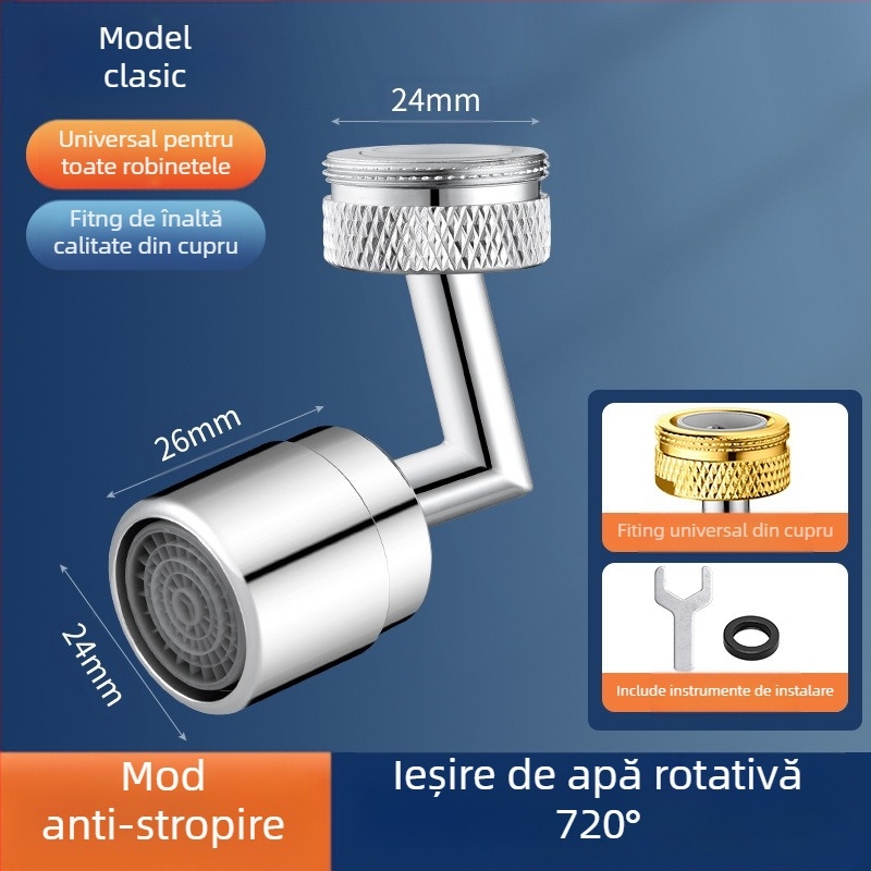 Robinet universal pentru chiuvetă cu braț mecanic și duză extensibilă rotativă, cartuș ceramic, cupru, montaj filet, design modern