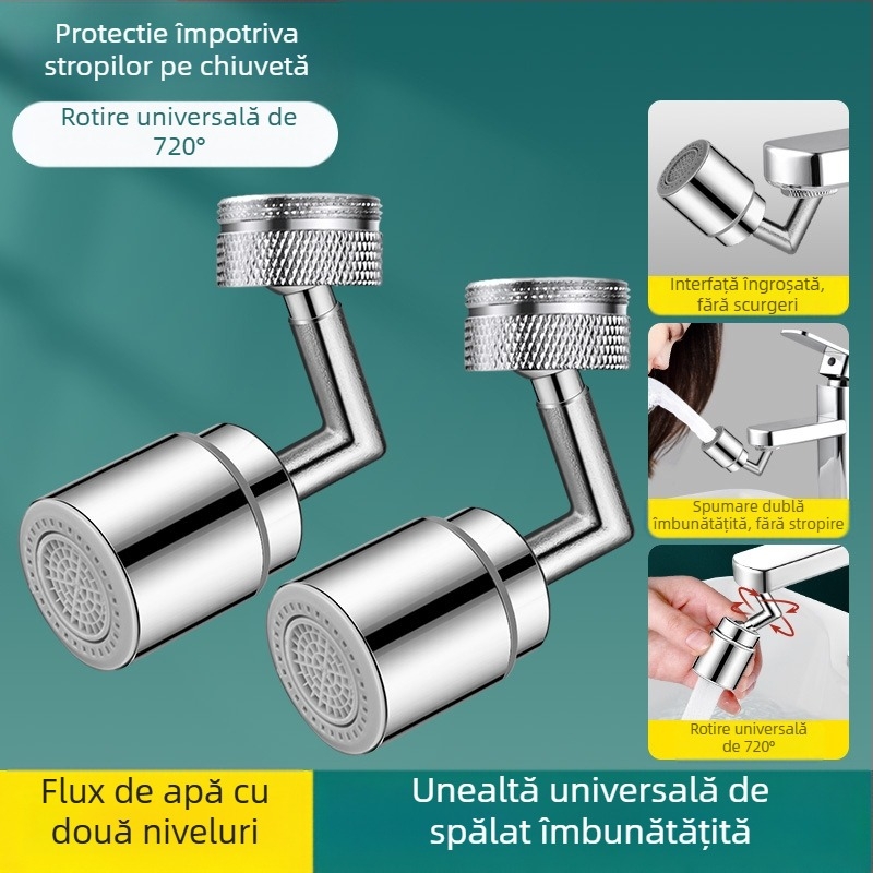 Robinet universal pentru chiuvetă cu braț mecanic și duză extensibilă rotativă, cartuș ceramic, cupru, montaj filet, design modern