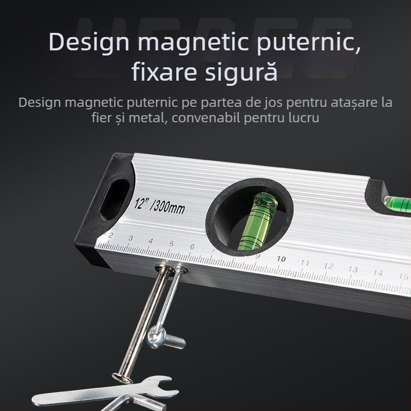 Riglă cu nivel magnetic de înaltă precizie, corp din aliaj de aluminiu, construcție solidă, magnet puternic și nivel încorporat.