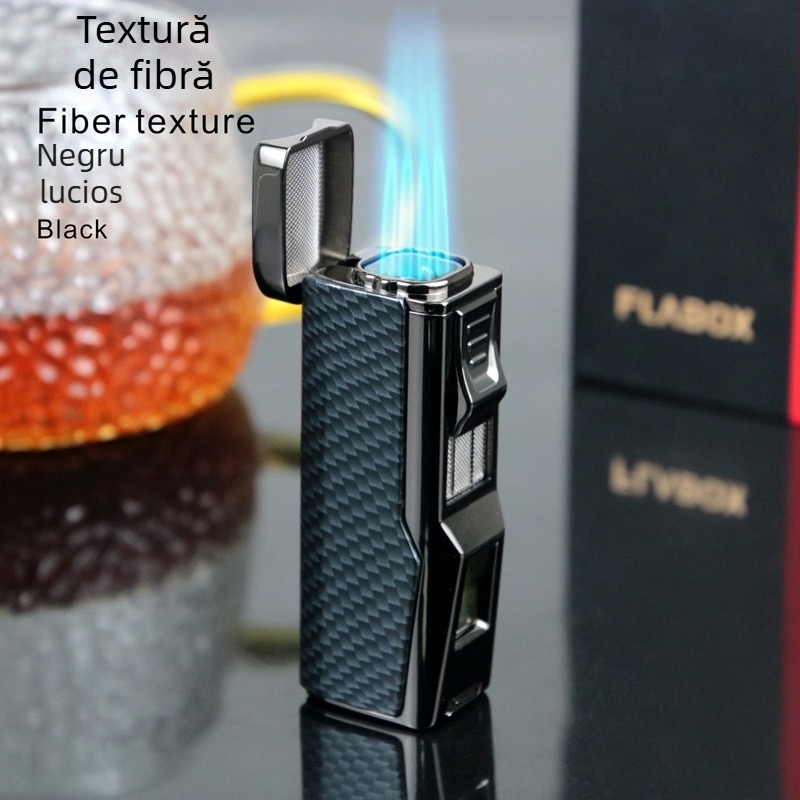 Aprindător metalic cu butan, rezistent la vânt, cu tăietor de trabucuri și suport pentru trabucuri