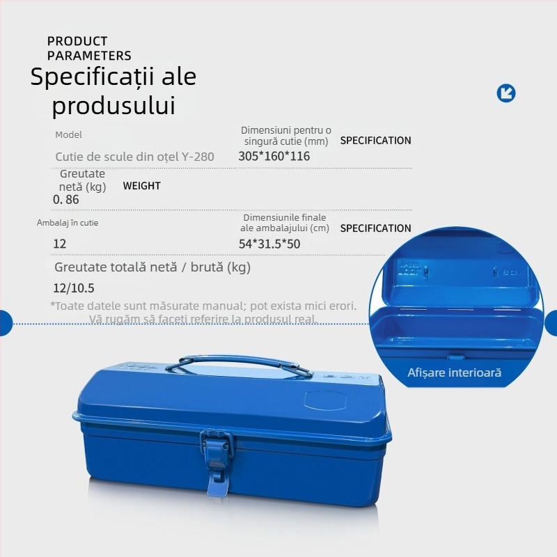 Cutie metalică pentru unelte Y-280, cutie portabilă din oțel, corp din oțel laminat la rece, capacitate de încărcare 10 kg