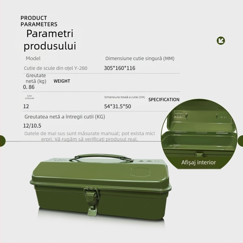 Cutie metalică pentru unelte Y-280, cutie portabilă din oțel, corp din oțel laminat la rece, capacitate de încărcare 10 kg