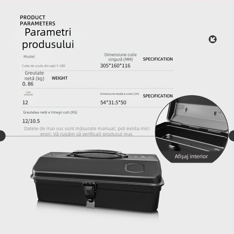 Cutie metalică pentru unelte Y-280, cutie portabilă din oțel, corp din oțel laminat la rece, capacitate de încărcare 10 kg