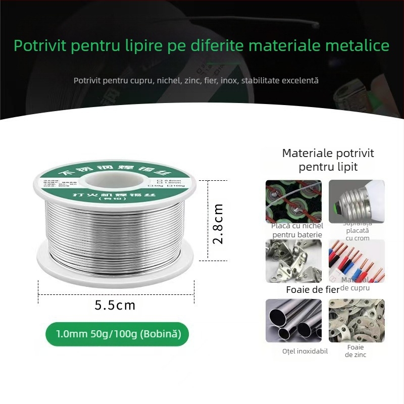 Fier de lipit din oțel inoxidabil cu nucleu de flux, conținut de flux 2.2, temperatură de lucru 280°C, pentru sudură de oțel inoxidabil și baterii Li-ion