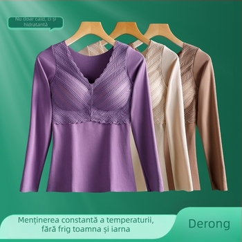 Top de bază feminin cu decolteu în V, mâneci lungi, dantelă, pernă pentru bust, țesătură groasă din poliester