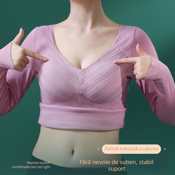 Top de bază feminin cu decolteu în V, mâneci lungi, dantelă, pernă pentru bust, țesătură groasă din poliester