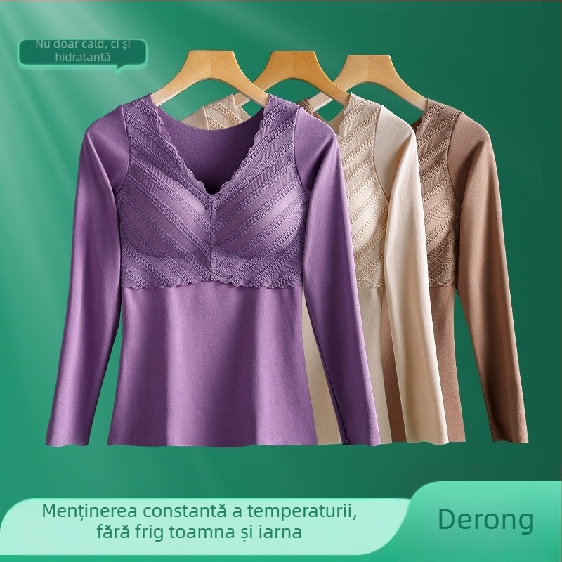 Top de bază feminin cu decolteu în V, mâneci lungi, dantelă, pernă pentru bust, țesătură groasă din poliester