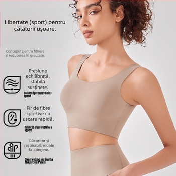 Sutien sport în stil vestă, rezistent la șocuri pentru alergări de înaltă intensitate, cu cupă completă și cupe preformate subțiri, bretele fixe cu două curele, din nylon respirabil