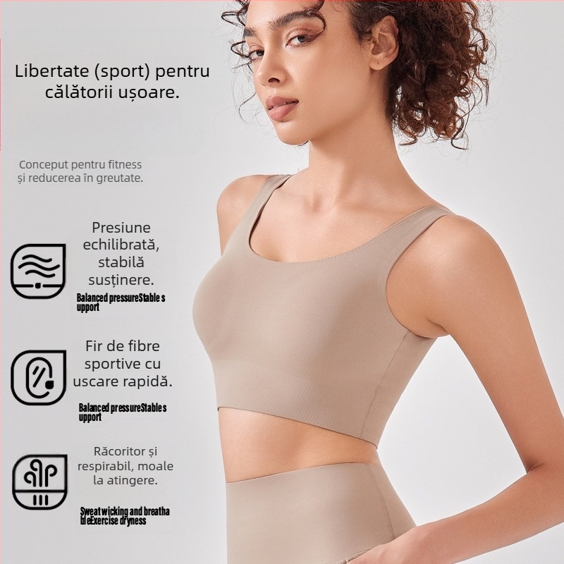 Sutien sport în stil vestă, rezistent la șocuri pentru alergări de înaltă intensitate, cu cupă completă și cupe preformate subțiri, bretele fixe cu două curele, din nylon respirabil