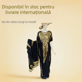 Set Robă musulmană cu eșarfă, din bumbac-satin, finisaj bronzat, croială lejeră, mâneci 3/4