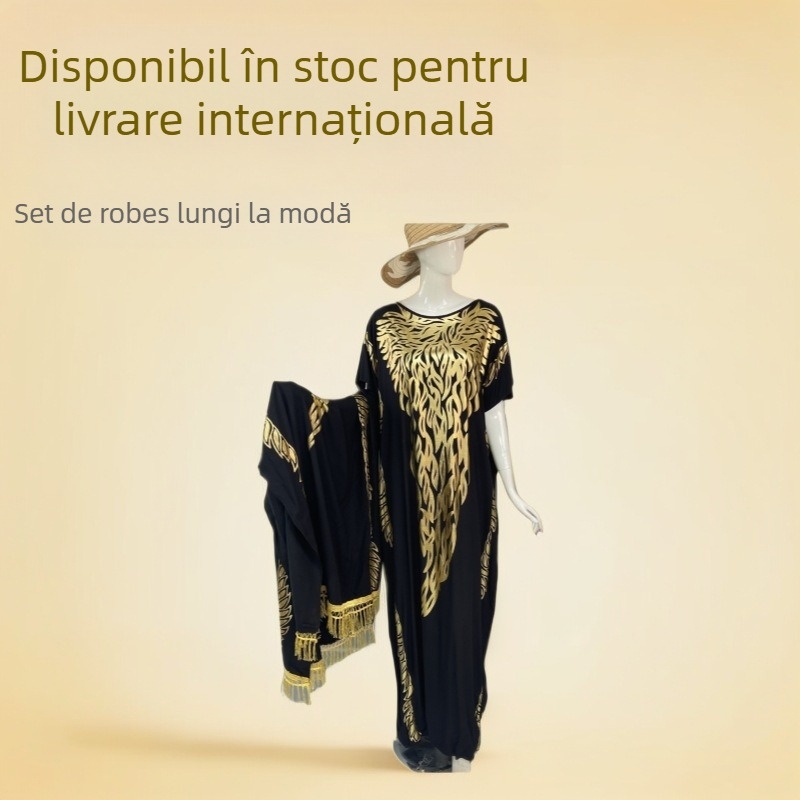 Set Robă musulmană cu eșarfă, din bumbac-satin, finisaj bronzat, croială lejeră, mâneci 3/4