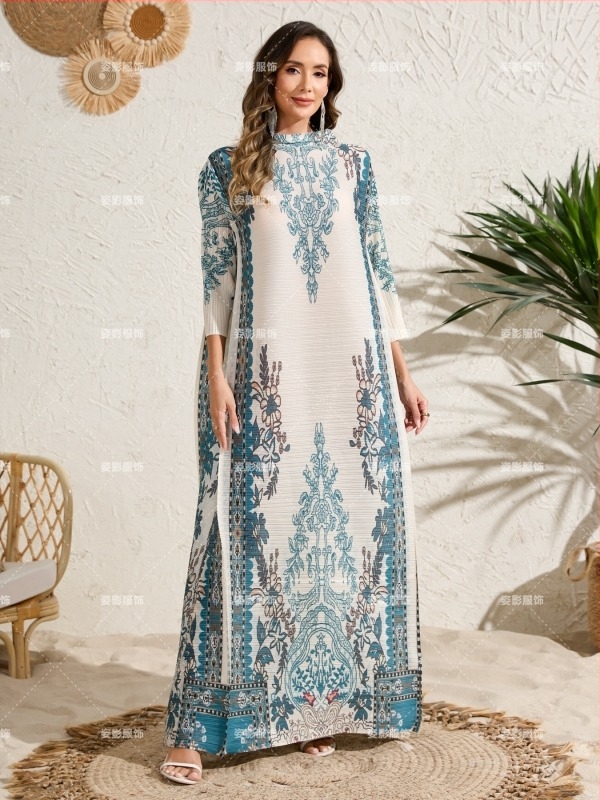 Rochie lungă-robă cu imprimeu desenat manual, țesătură poliester, pliuri, fustă clopot, mâneci felinare