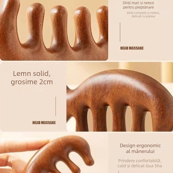 Pieptene de masaj din lemn de santal pentru scalp și față, cu cinci dinți, design meridian