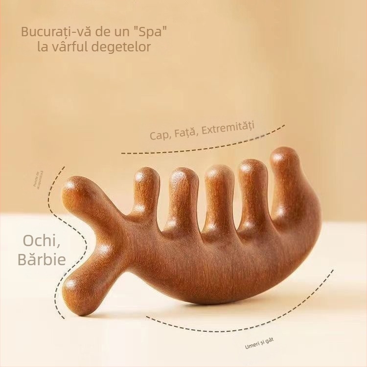 Pieptene de masaj din lemn de santal pentru scalp și față, cu cinci dinți, design meridian