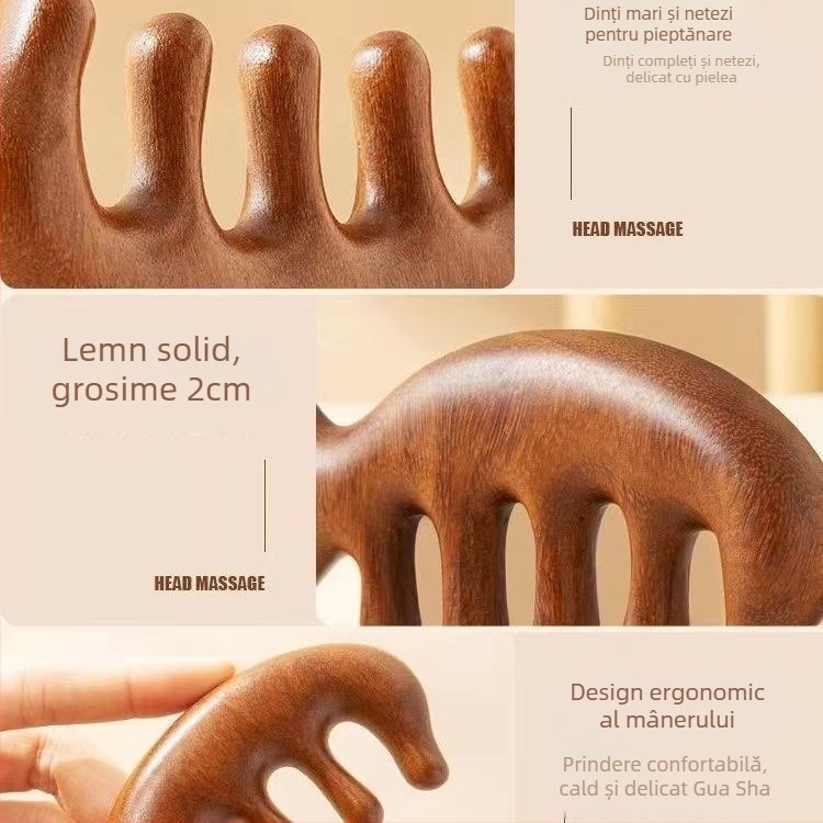 Pieptene de masaj din lemn de santal pentru scalp și față, cu cinci dinți, design meridian