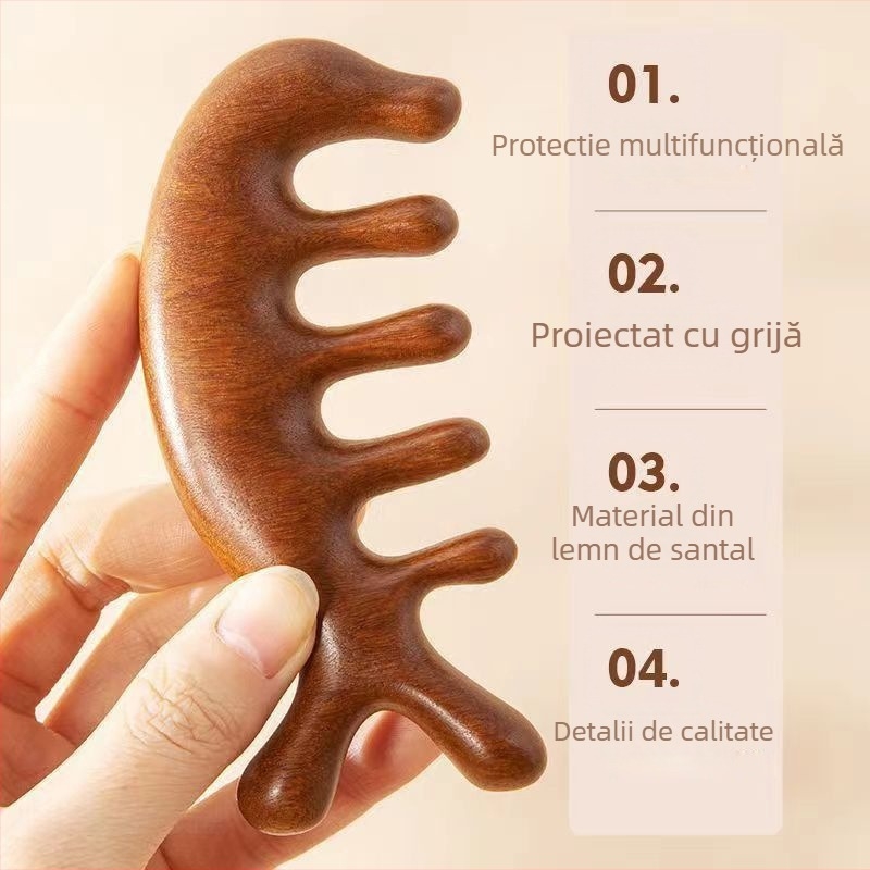 Pieptene de masaj din lemn de santal pentru scalp și față, cu cinci dinți, design meridian