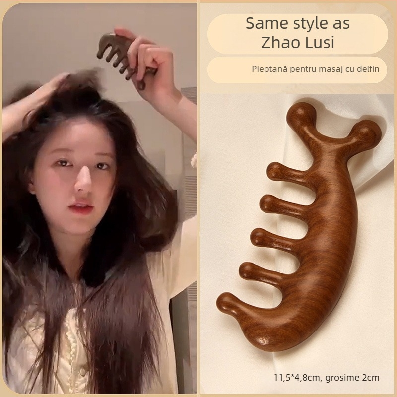 Pieptene de masaj din lemn de santal pentru scalp și față, cu cinci dinți, design meridian