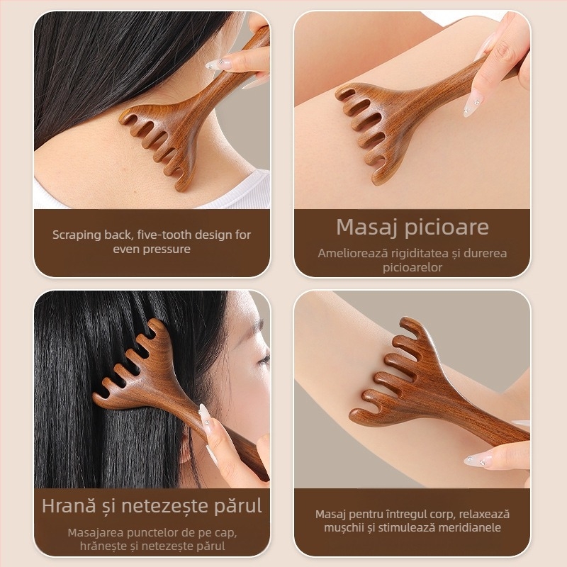 Pieptene de masaj din lemn de santal pentru scalp și față, cu cinci dinți, design meridian