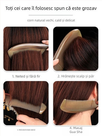 Pieptene din corn natural, cu pernă de aer, pentru păr lung — masaj la scalp meridian