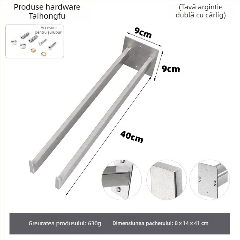 Raft pentru prosoape din oțel inoxidabil, montat pe perete, fără găuri, dintr-un singur strat, capacitate de încărcare 10 kg, finisaj suprafață: vopsire la cuptor / placare electrolitică / argintiu
