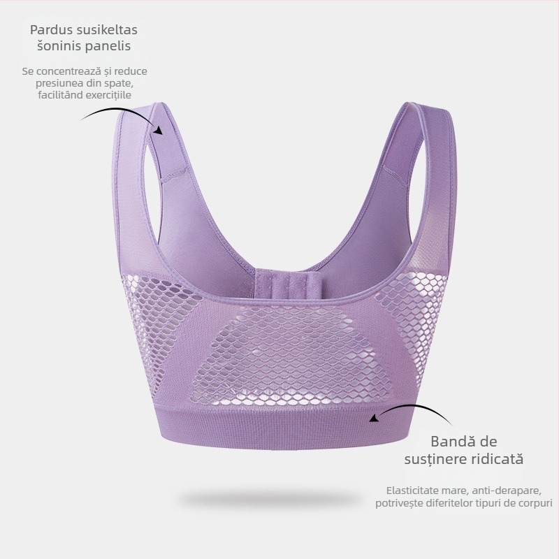 Sutien sport cu închidere frontală, cupe din burete, fără armături metalice, respirabil, bretele fixe duble