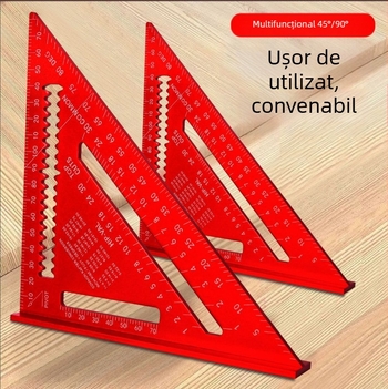 Riglă triunghiulară pentru tâmplă din aliaj de aluminiu, scări duale (metrică și inch), unghiuri de 45° și 90°