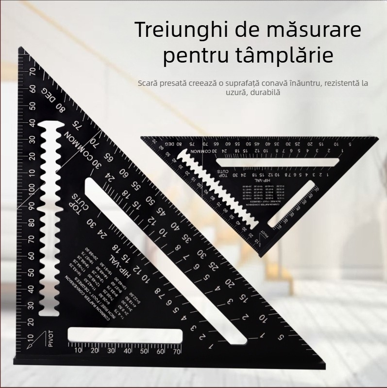 Riglă triunghiulară pentru tâmplă din aliaj de aluminiu, scări duale (metrică și inch), unghiuri de 45° și 90°