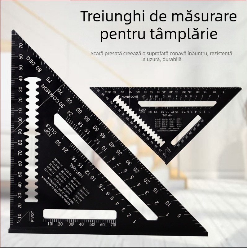 Riglă triunghiulară pentru tâmplă din aliaj de aluminiu, scări duale (metrică și inch), unghiuri de 45° și 90°