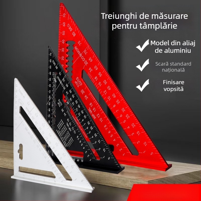 Riglă triunghiulară pentru tâmplă din aliaj de aluminiu, scări duale (metrică și inch), unghiuri de 45° și 90°