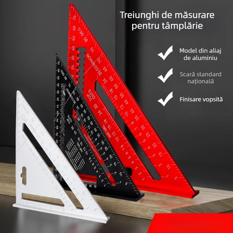 Riglă triunghiulară pentru tâmplă din aliaj de aluminiu, scări duale (metrică și inch), unghiuri de 45° și 90°