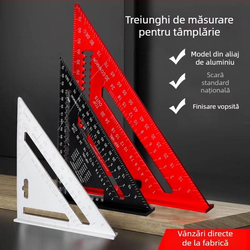 Riglă triunghiulară pentru tâmplă din aliaj de aluminiu, scări duale (metrică și inch), unghiuri de 45° și 90°