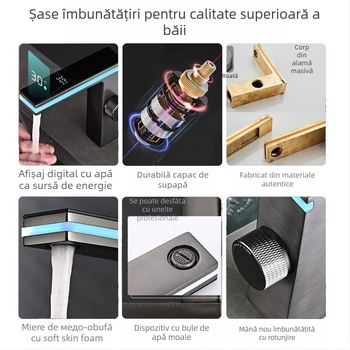 Robinet de chiuvetă cu iluminare ambientală și afișaj digital inteligent, corp din cupru, robinet cu disc ceramic, 1–90°C