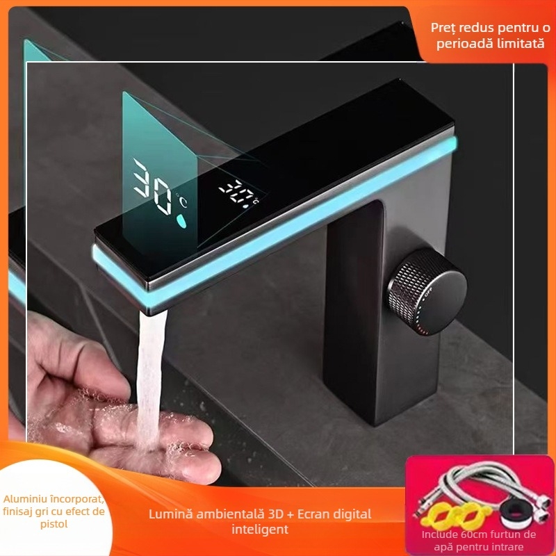 Robinet de chiuvetă cu iluminare ambientală și afișaj digital inteligent, corp din cupru, robinet cu disc ceramic, 1–90°C
