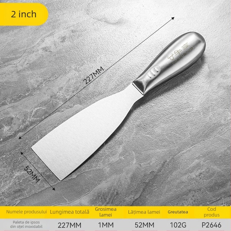 Cuțit-spărgător pentru chit din oțel inoxidabil, corp monobloc, lamă tip sabie, pentru răzuirea vopselei de pe suprafețe plane ale pereților