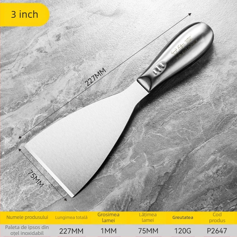 Cuțit-spărgător pentru chit din oțel inoxidabil, corp monobloc, lamă tip sabie, pentru răzuirea vopselei de pe suprafețe plane ale pereților