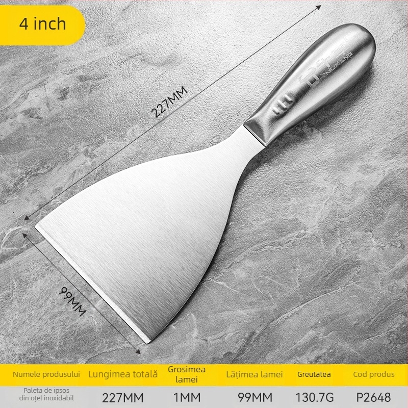 Cuțit-spărgător pentru chit din oțel inoxidabil, corp monobloc, lamă tip sabie, pentru răzuirea vopselei de pe suprafețe plane ale pereților